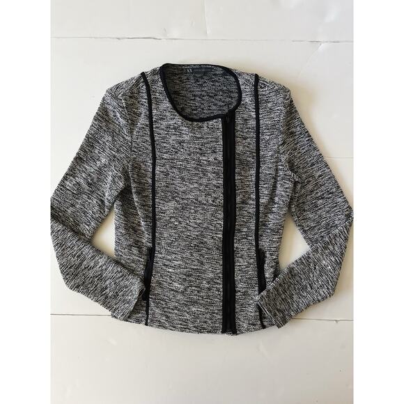 Armani Exchange Jacket Blazer Women S/P Black White Knit Fitted Zip Up Moto - Picture 1 of 8